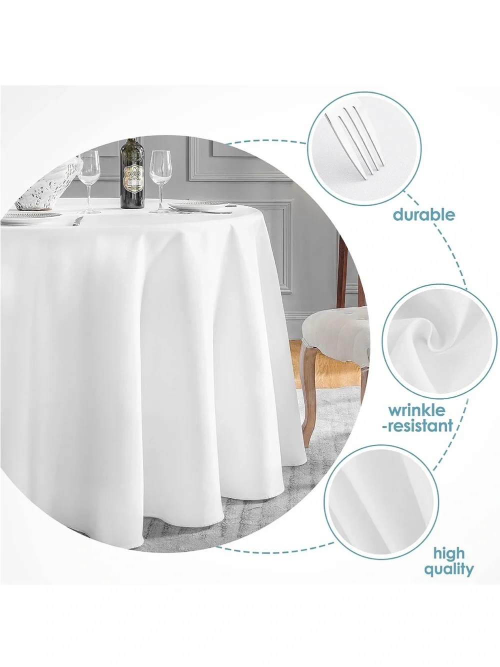 NEW VidaFete 132” Round Tablecloth Polyester, Stain/Wrinkle Resistant. White.